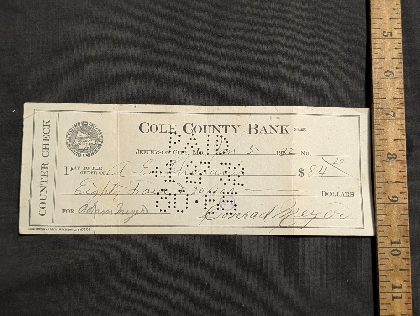 Vintage Cole county Missouri 1932 check