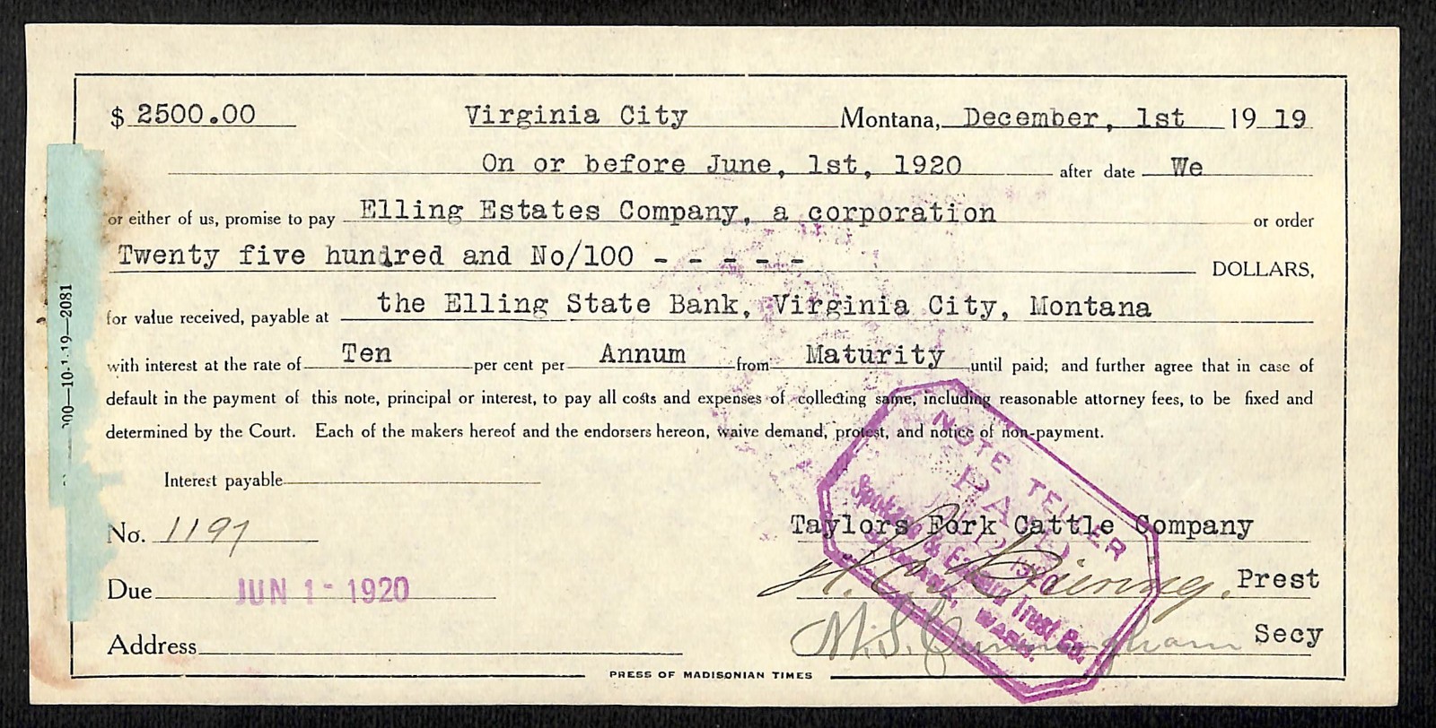 Elling State Bank Virginia City, MT 1919 Promissory Note w/ Rev Stamp (#11)
