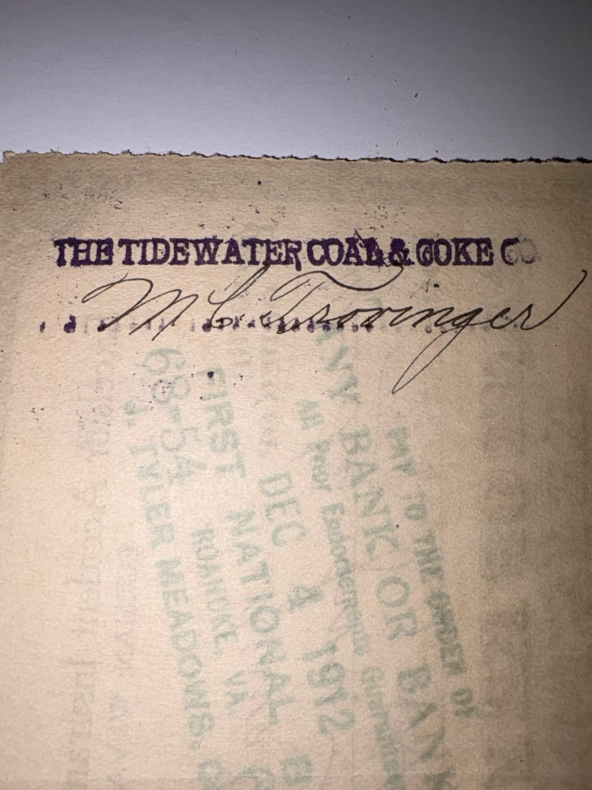 RARE 1912 INSURANCE CHECK TO COAL MINE CO. FOR DEATH? or INJURY? TIDEWATER W. VA