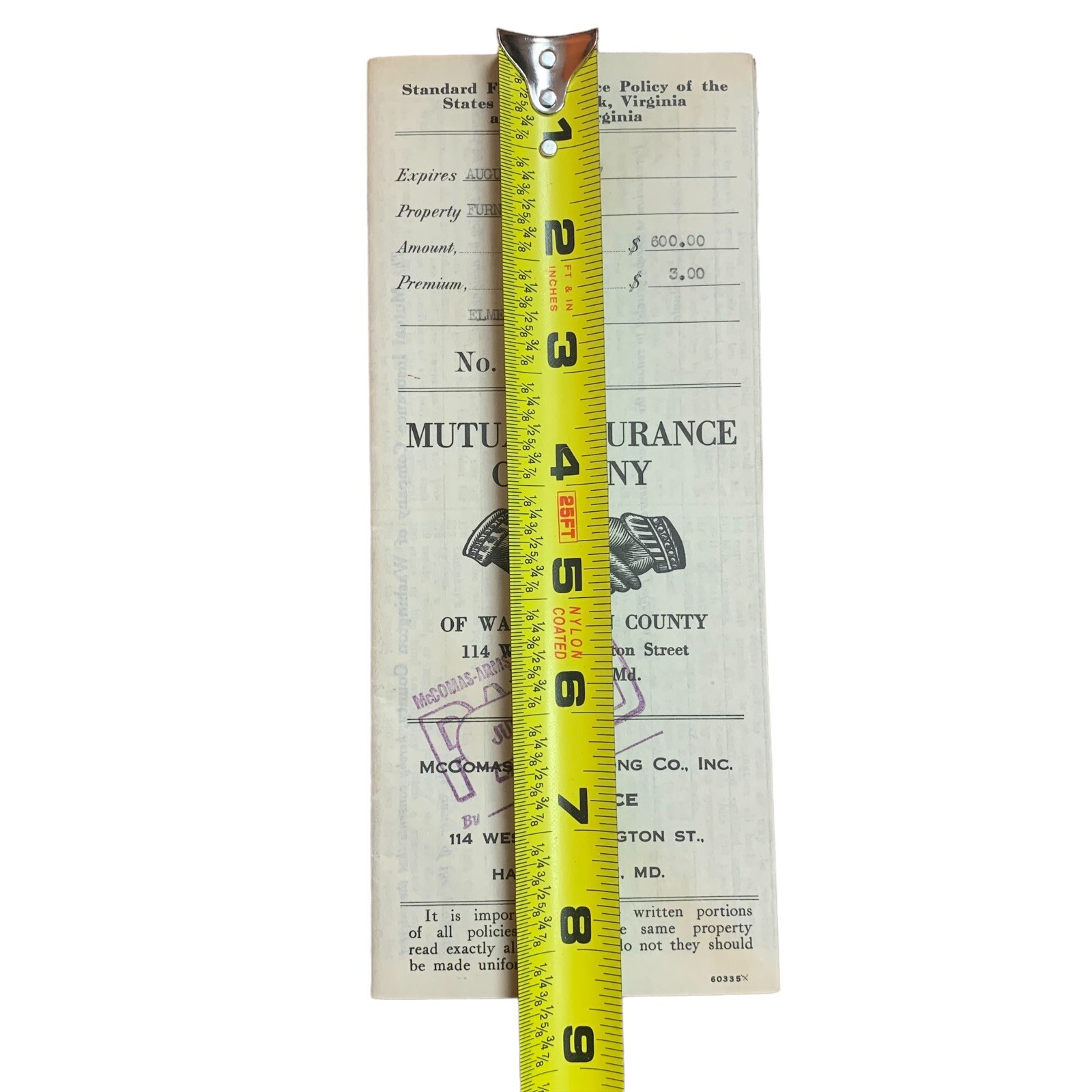 Vintage Mutual insurance company policy 1934 Hagerstown Maryland 1930s McComas