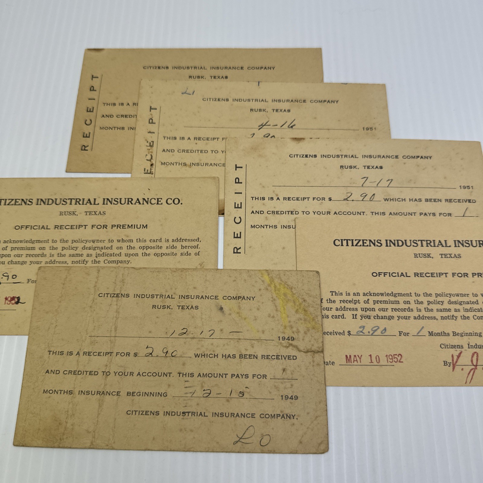 1949 1951 1952 Citizens Industrial Insurance Co Rusk Texas Receipts Lot of 7