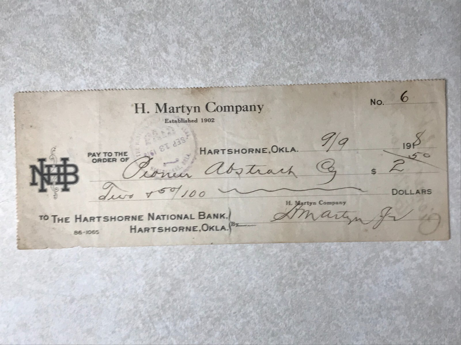 SBB66 Bank Check H Martyn Co Hartshorne National Bank OK Oklahoma 1918