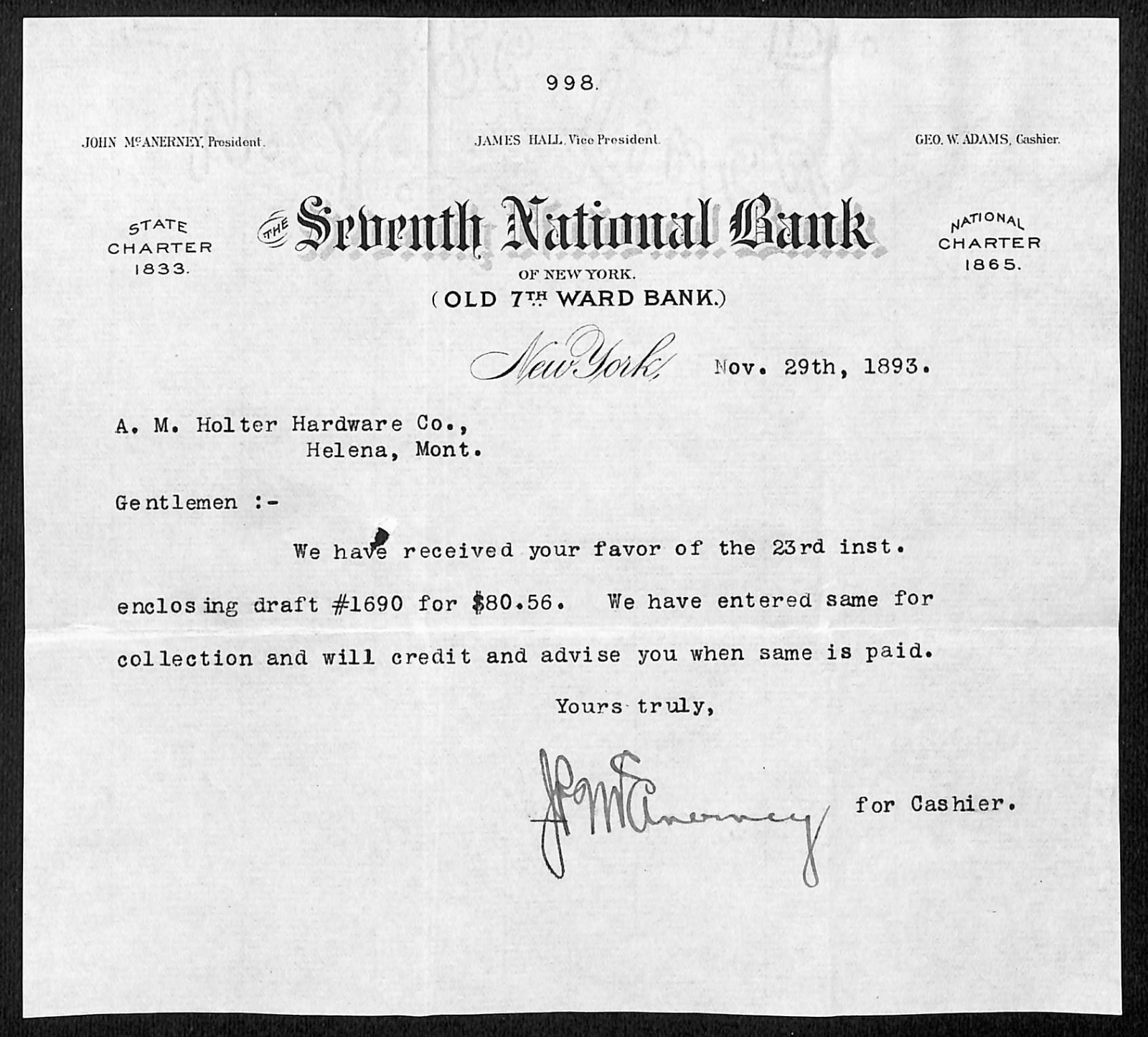 Seventh National Bank New York 1893 TLS Receipt Letterhead A.M. Holter* (#4)