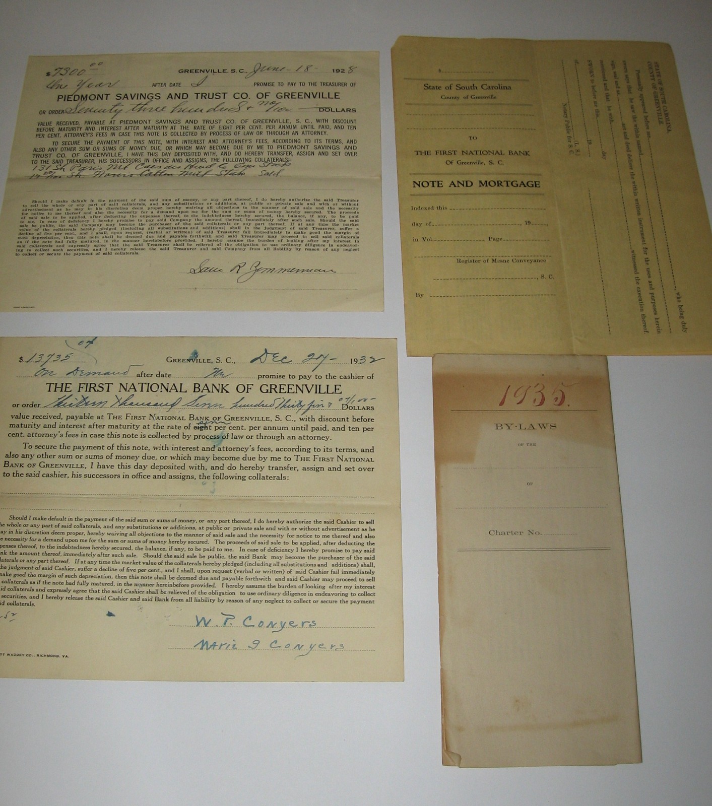 1st National Bank of Greenville, SC, By Laws 1935, 1928-32′ Loan Papers Mortgage