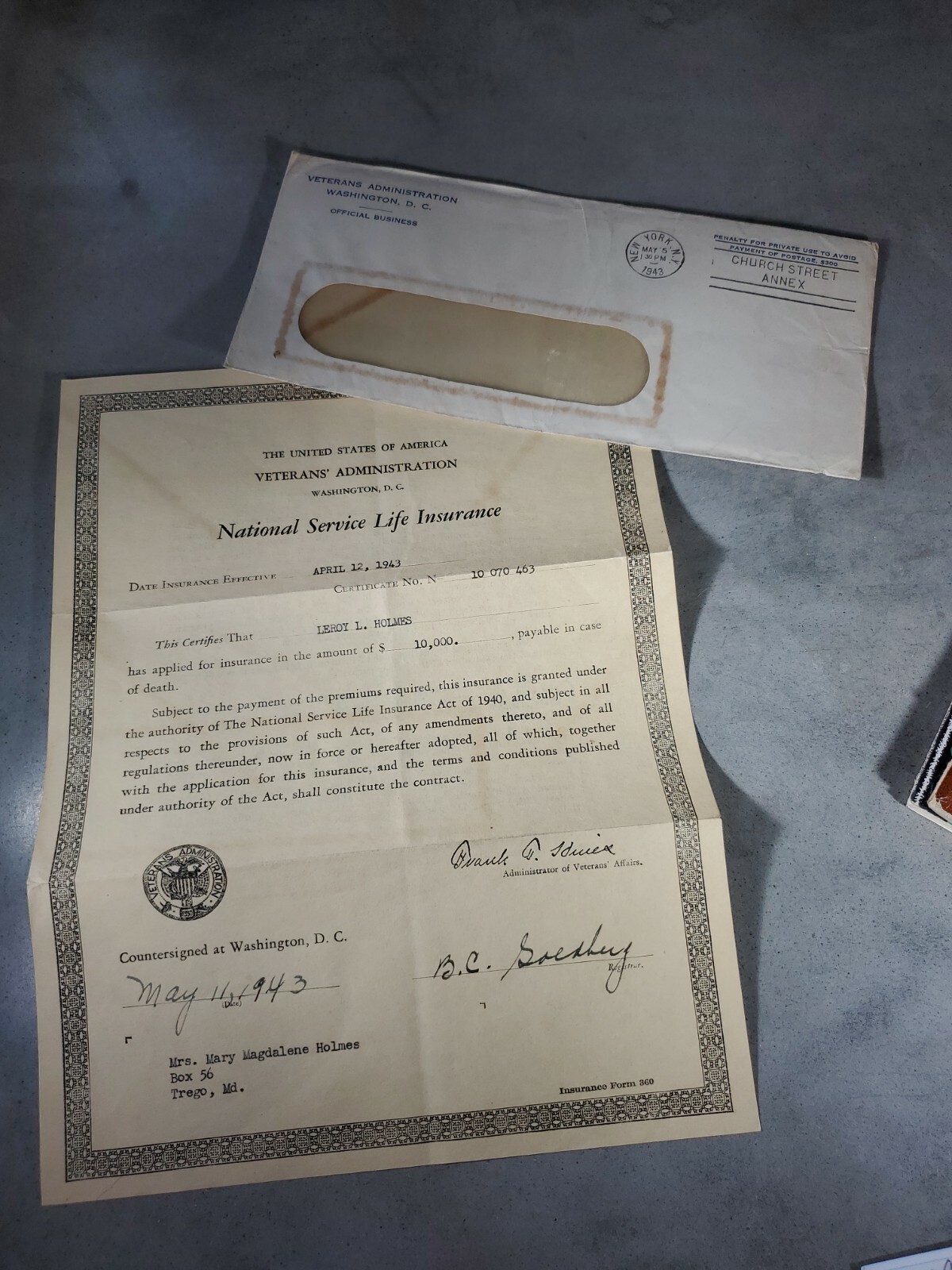 National Service Life Insurance 1943 Veteran’s Administration Certificate
