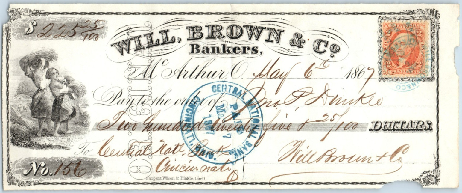 1867 Will Brown & Co Cincinnati, Ohio Bank Check w/ 2 Cent Tax Stamp 46 #DD
