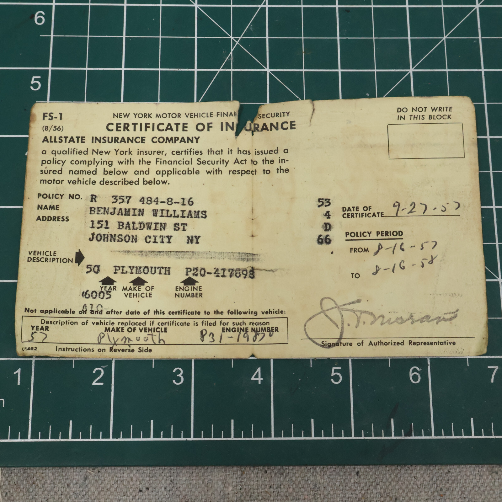 1957 Allstate Insurance Company Certificate of Insurance Johnson City NY