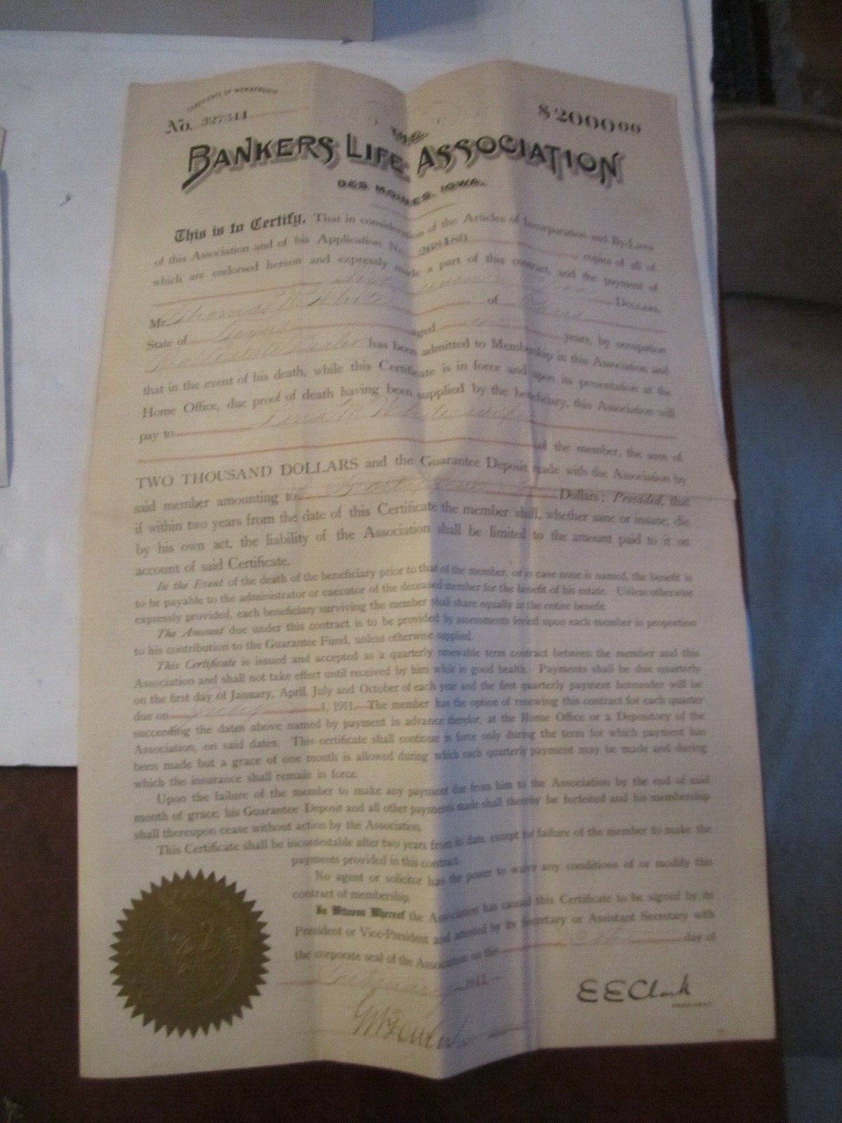 1911 BANKER’S LIFE ASSOCIATION DOCUMENT – SIGNED – BN-19