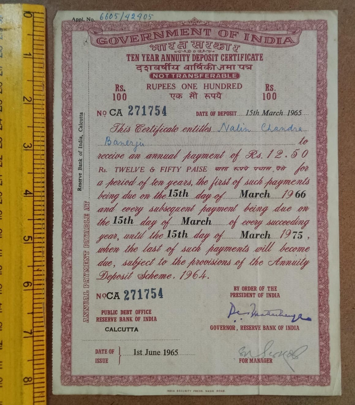 1965 Govt. of India Cert. of Ten Year Annuity Deposit of Rs 100, issued by RBI