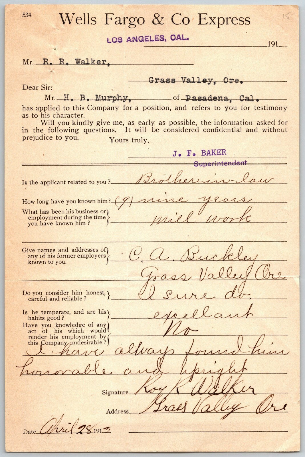 1913 Wells Fargo Express Employment Reference / Testimony Form Los Angeles