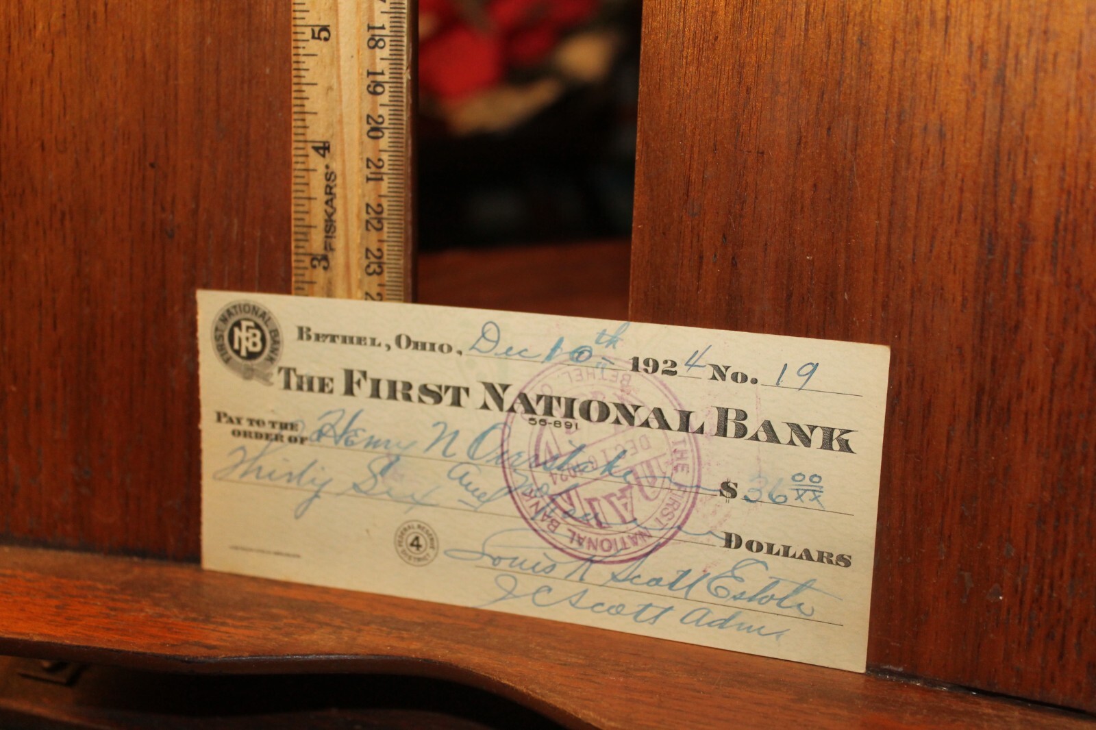 Antique 1924 Bethel Ohio First National Bank Ohio Cancelled Check