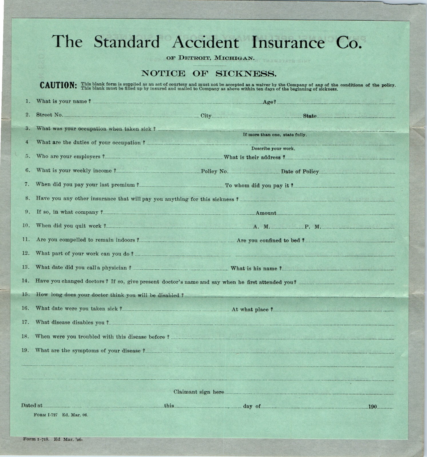 1909 Detroit Standard Accident Insurance Industrial Policy La Porte City Farm 5Q