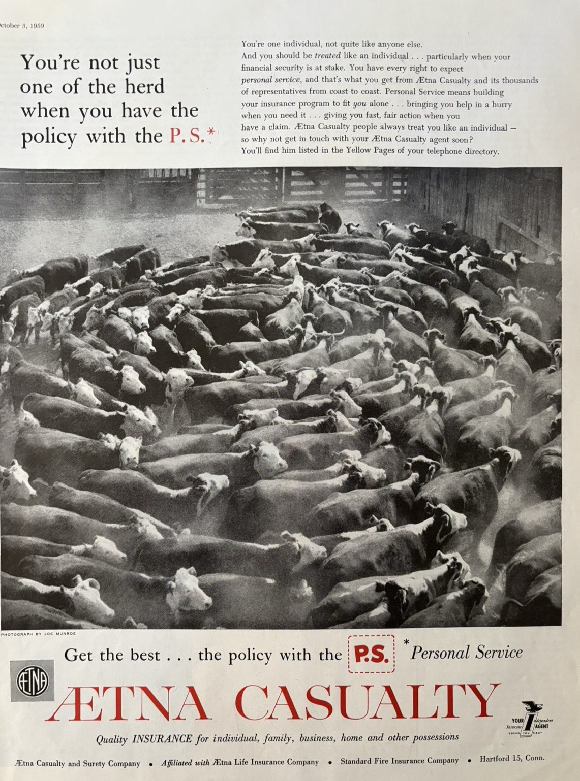 1959 Aetna Casualty Insurance Policy Cows Farm Pen Personal Service VTG Print Ad