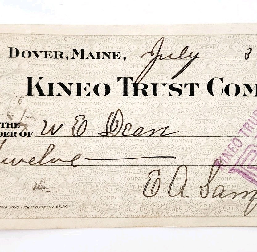 1915 Kineo Trust Company Bank Check E.A. Sampson Dover Maine Signed 7109 CHX13