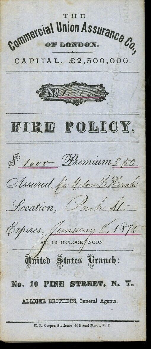 1872 The Commercial Union Assurance Co. of London Fire Policy