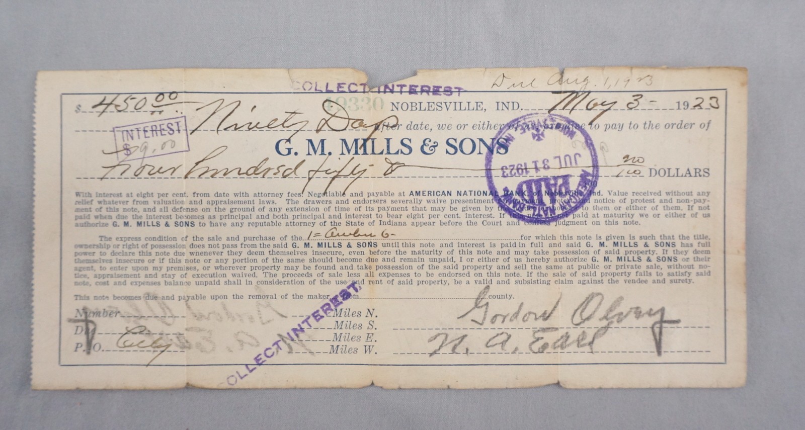 1923 Promissory Note G. M. Mills & Sons Noblesville IN Revenue stamp $450