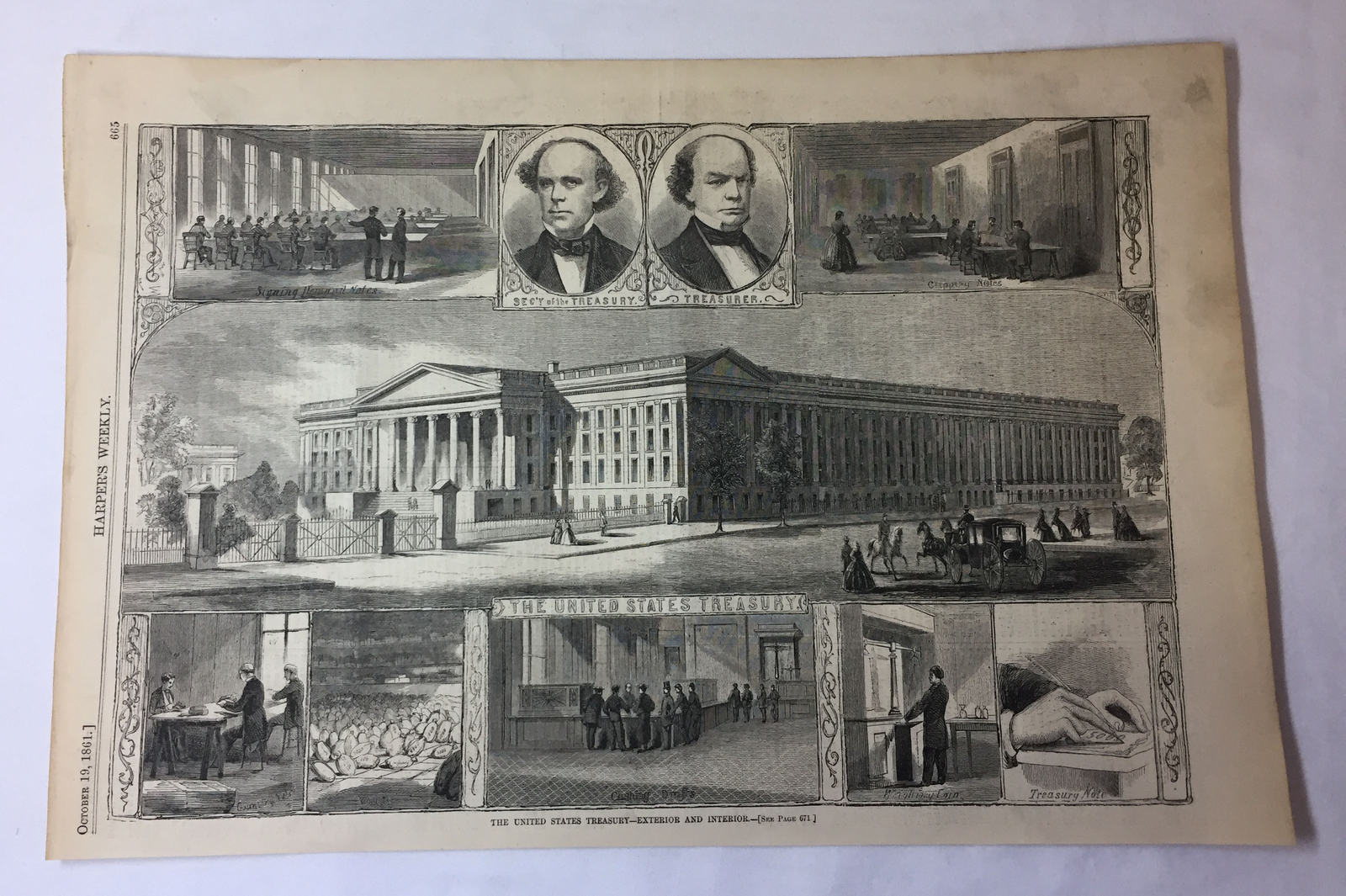 1861 magazine engraving~11×16~ UNITED STATES TREASURY Exterior And Interior