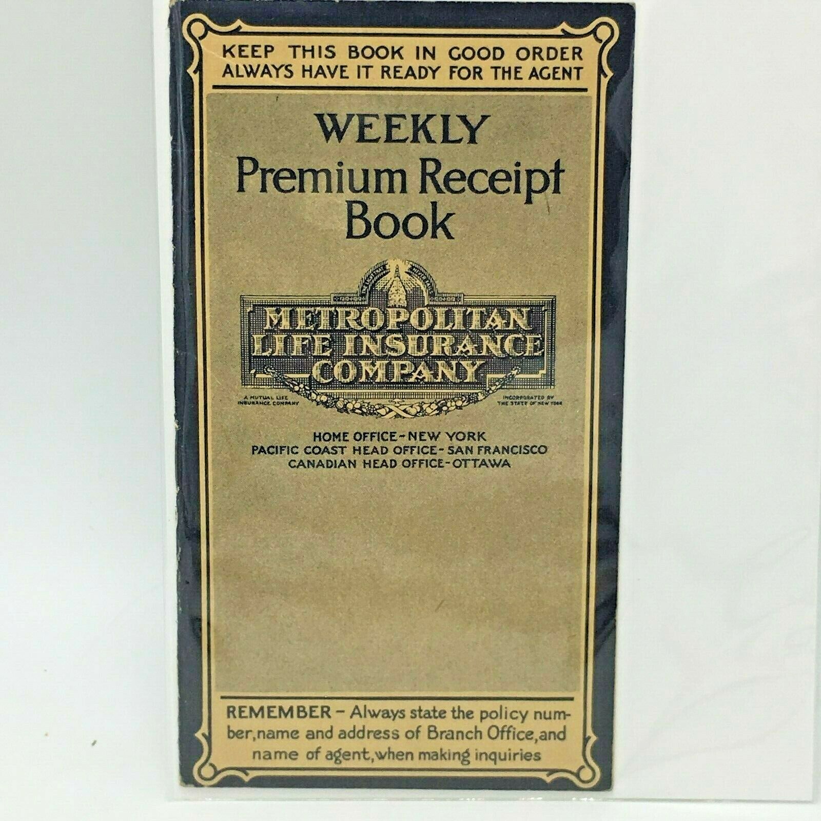 METROPOLITAN LIFE INSURANCE CO. PREMIUM RECEIPT BOOK 1905