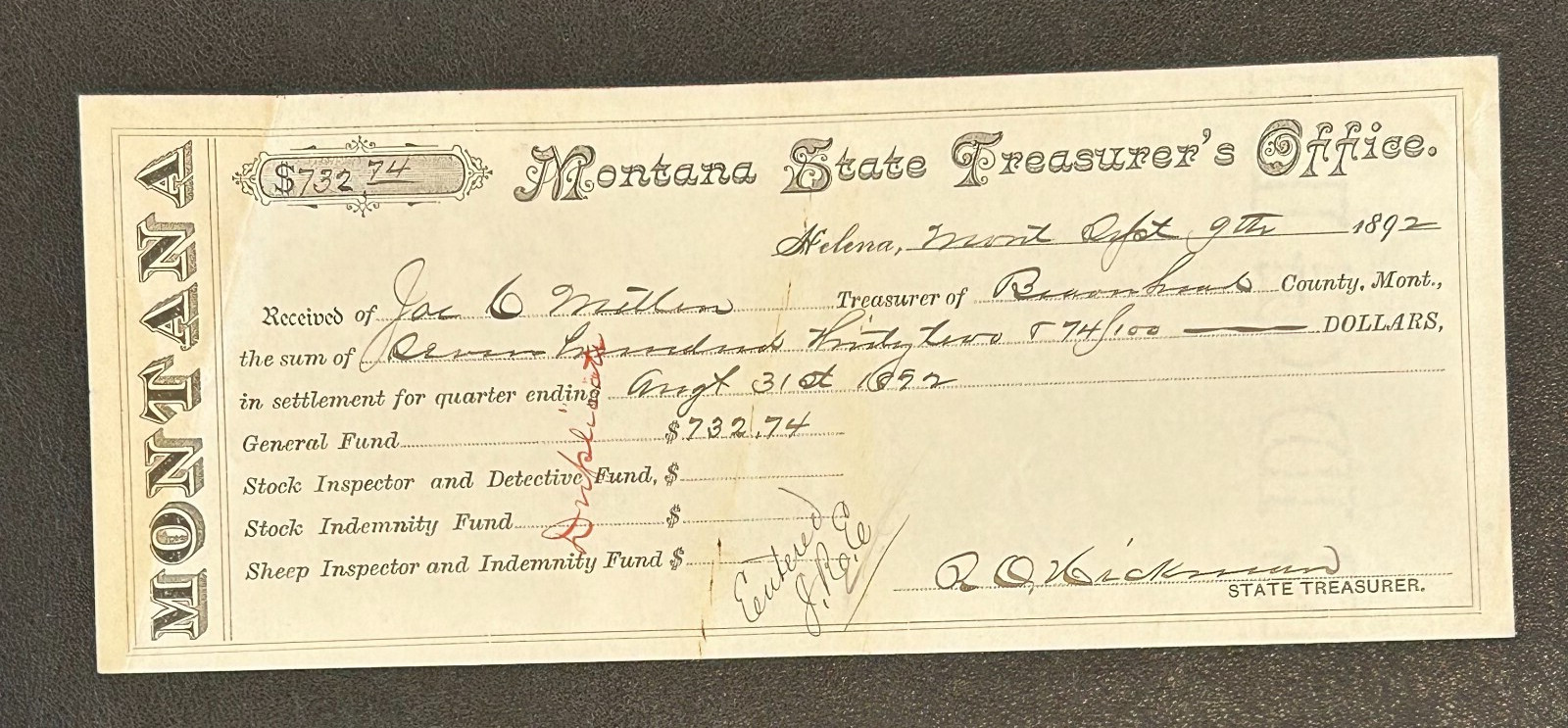 1892 Montana State Treasurer’s Office GENERAL FUND RECEIPT Note Bill