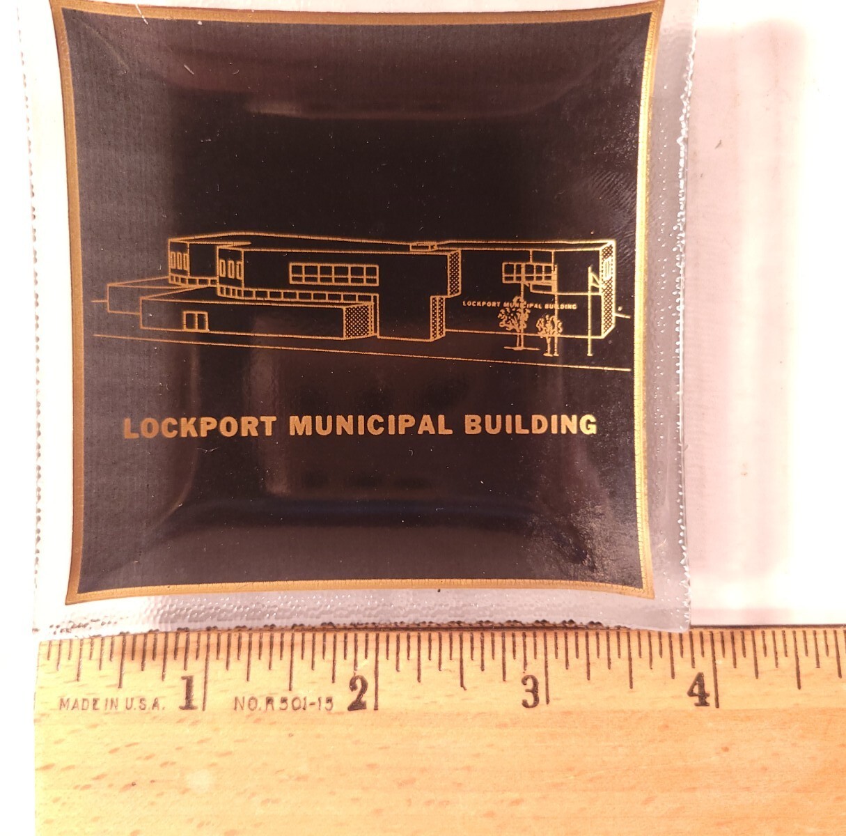 VNTG 1974 Bent Curved Black Glass Trinket Tray Lockport NY Municipal Building