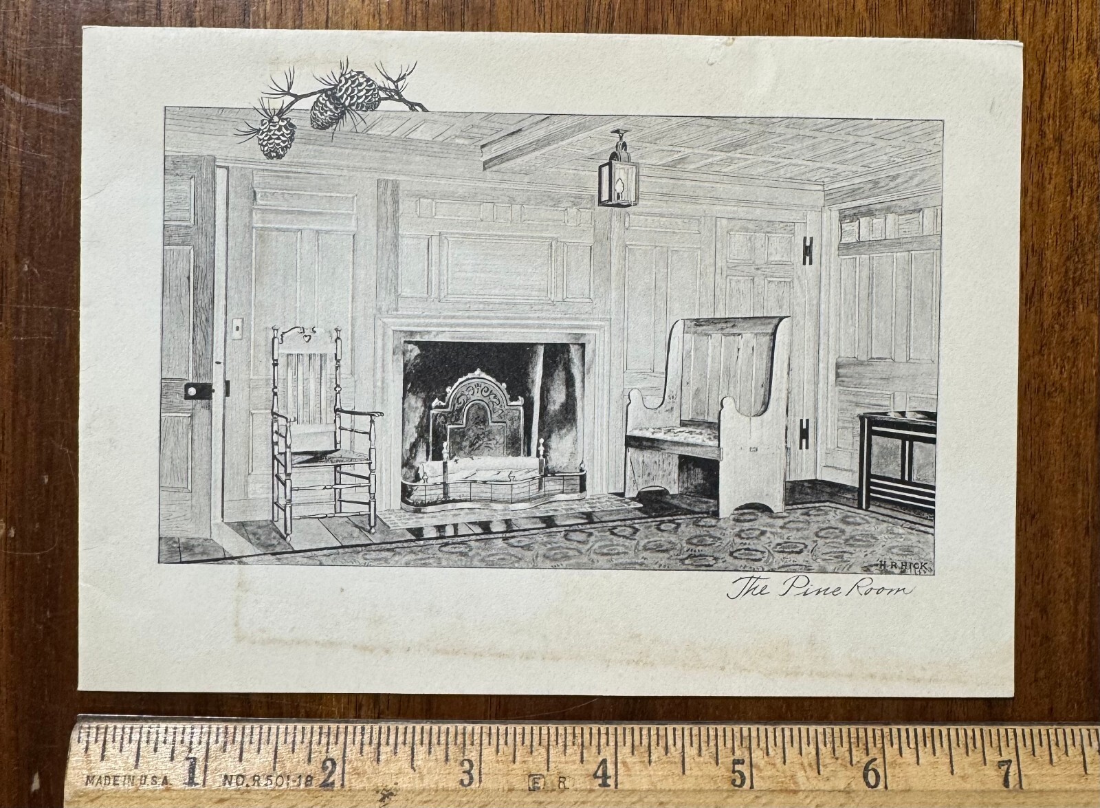 Vintage Christmas Holiday card Aetna Life Club’s Store Pine Cone Room Fire Hick