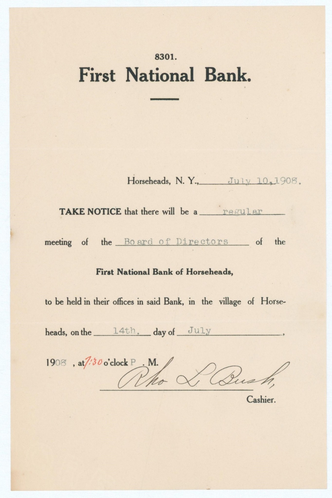 1908 First National Bank Horseheads NY Board Directors Meeting Notice Bush 8301