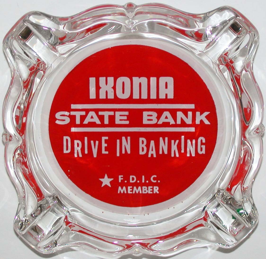 Vintage glass ashtray IXONIA STATE BANK Drive In Banking Ixonia Wisconsin nrmt+