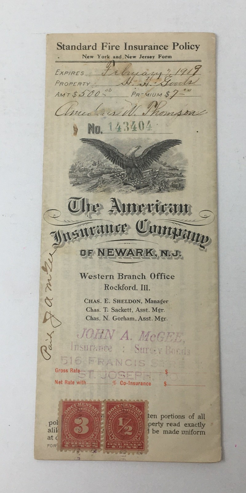 American Insurance Co of Newark NJ Fire Insurance Policy 2/7 1919 John McGee
