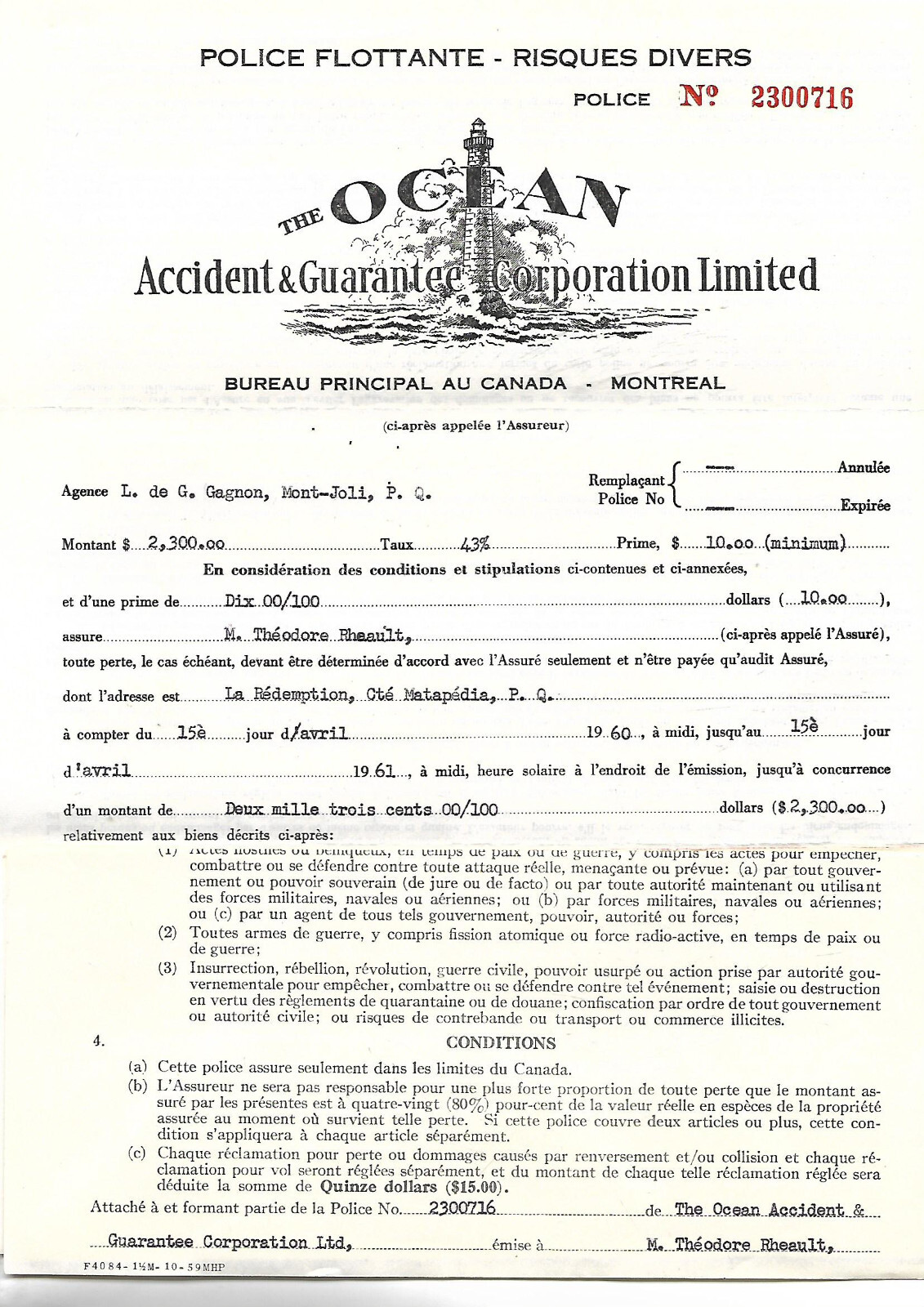 1961 THE OCEAN, ACCIDENT & GUARANTEE CORPORATION LIMITED ORIGINAL POLICY IN FREN