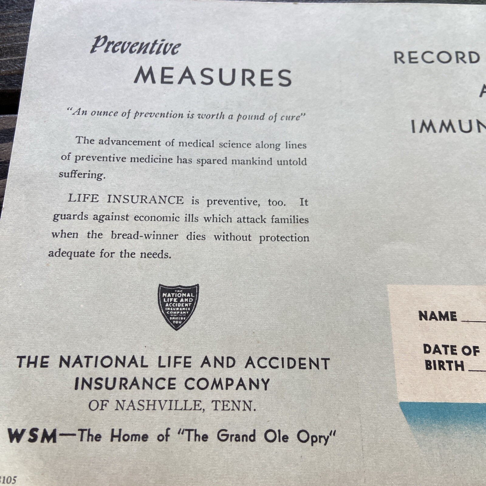 National Life And Accident Insurance Company Nashville, TN (1950s) Immunizations