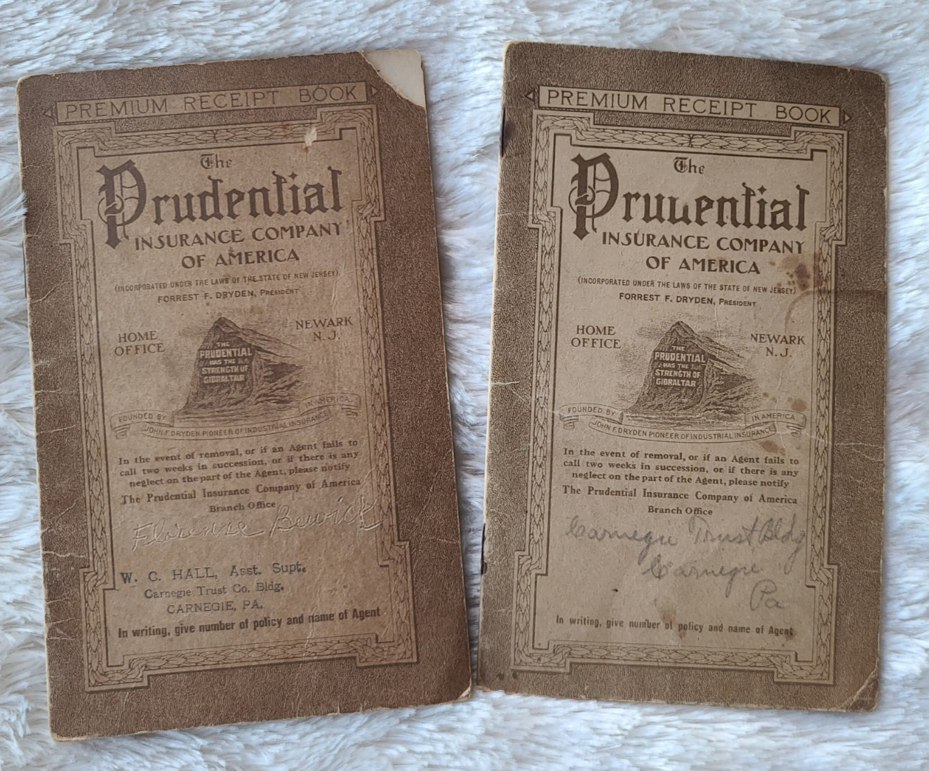 Antique 1919 To 1925 Prudential Insurance Co. Premium Receipt Book Carnegie Pa