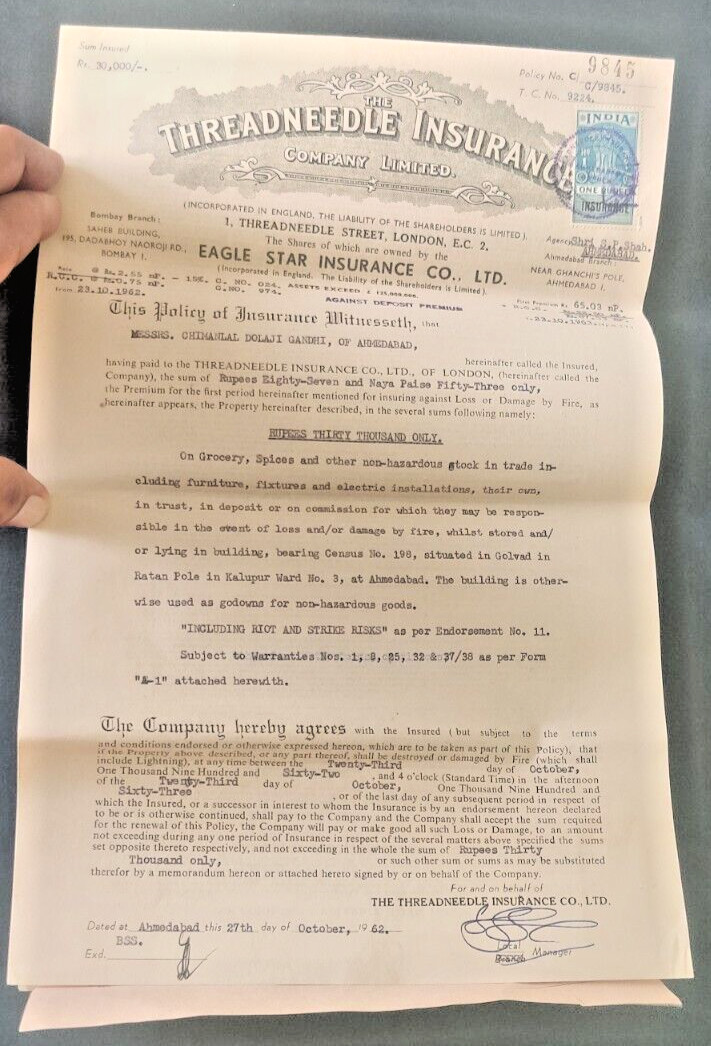 1963 THREADNEEDLE INSURANCE CO fire Policy document with cover vignette stamp