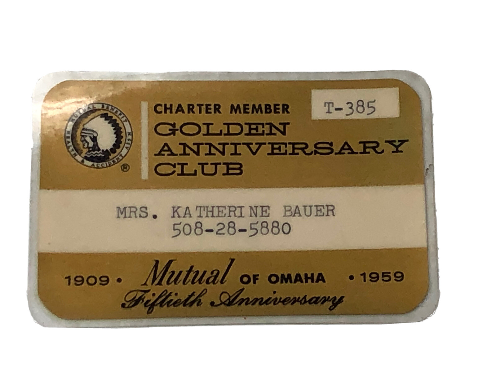 1959 Mutual of Omaha Insurance Golden Anniversary Club Card 50th Anniversary