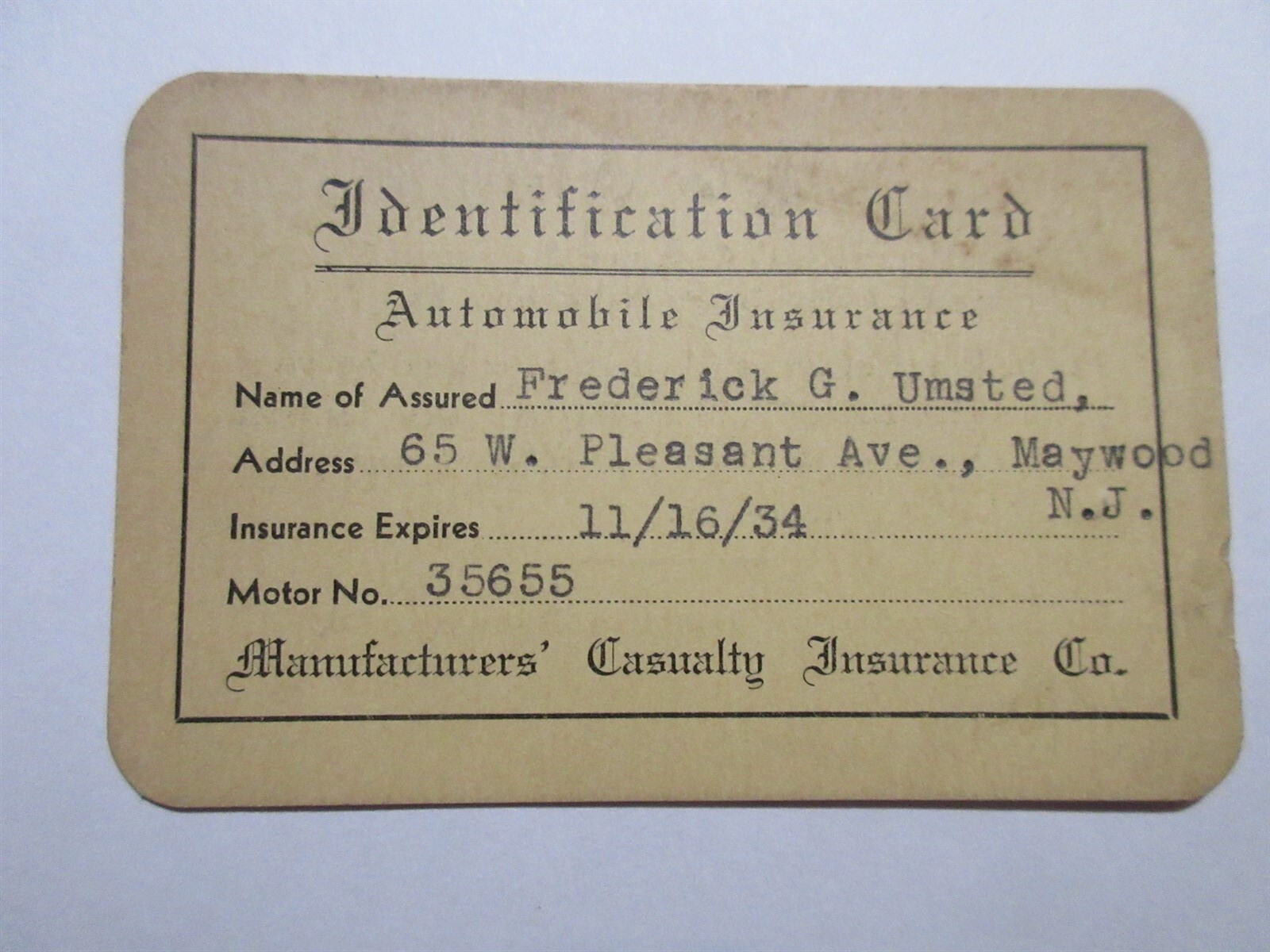 Manufacturers Casualty Insurance Co. Identification Card Nov 16, 1934 New Jersey