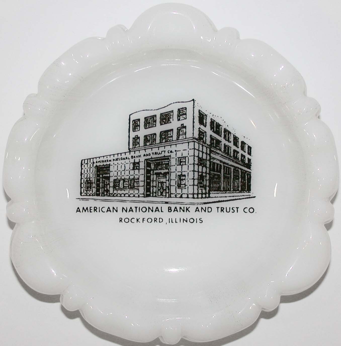 Vintage glass ashtray AMERICAN NATIONAL BANK pic milk glass Rockford Illinois