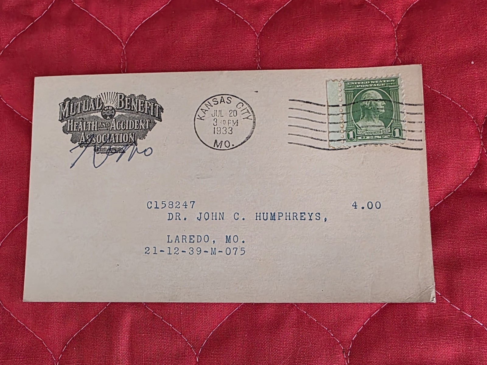 1933 Mutual Benefit Health Accident Receipt Premium Due Correspondence Postal
