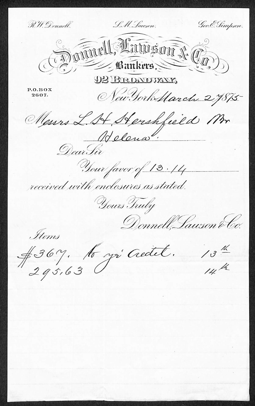 Donnell, Lawson & Co NYC Bankers L.H. Hershfield* 1875 Payment Memo Receipt (13)