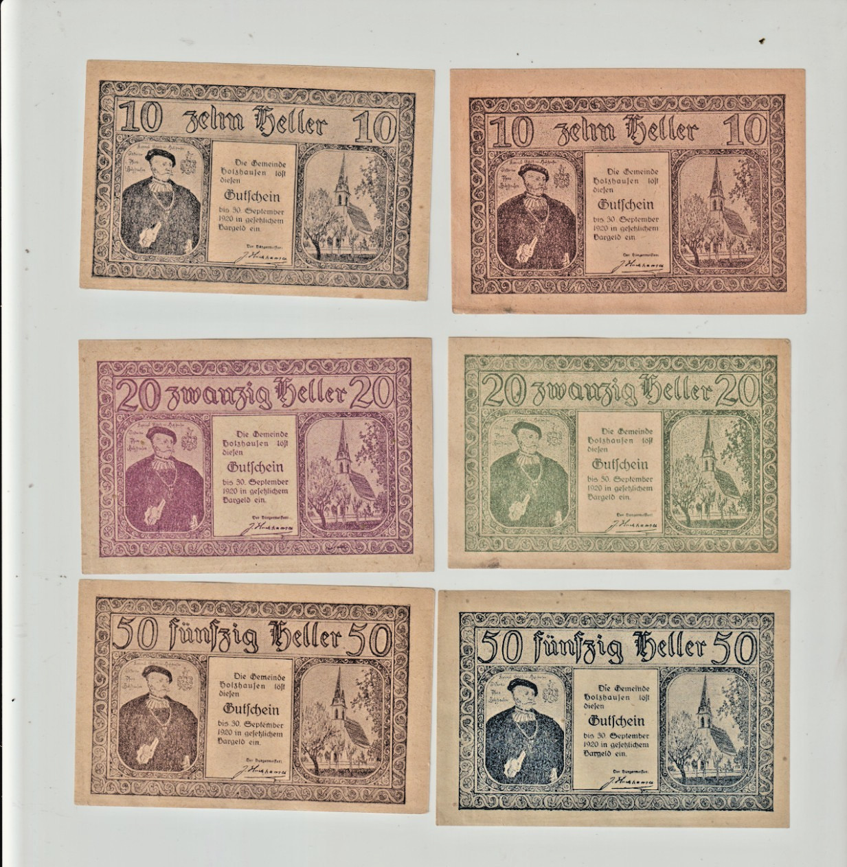 1920 Inflation Period Austria NOTGELD Collection of 6 different, VF Condition