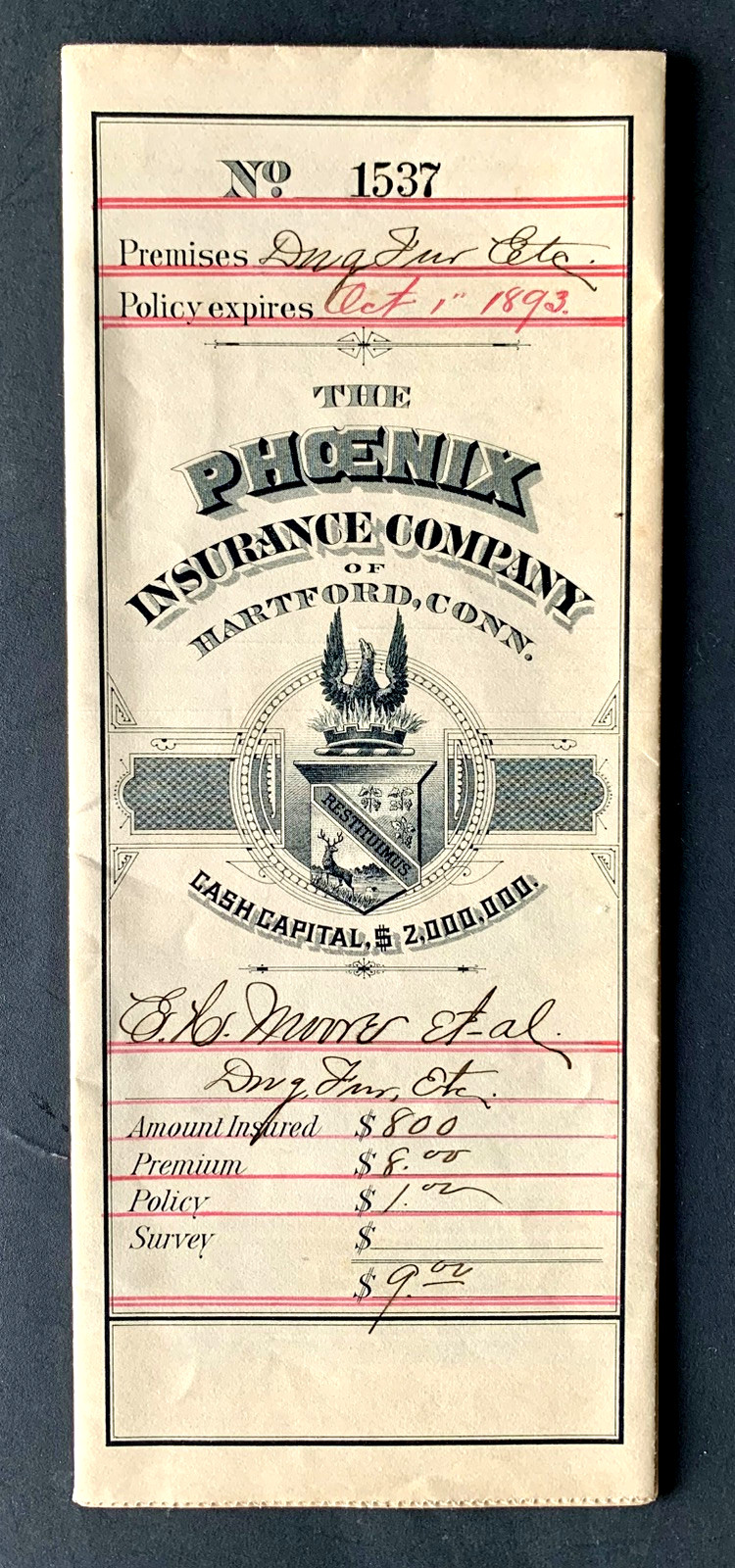 PHOENIX INSURANCE COMPANY OF HARTFORD, CONN. POLICY OCTOBER 1, 1888 BENNINGTON