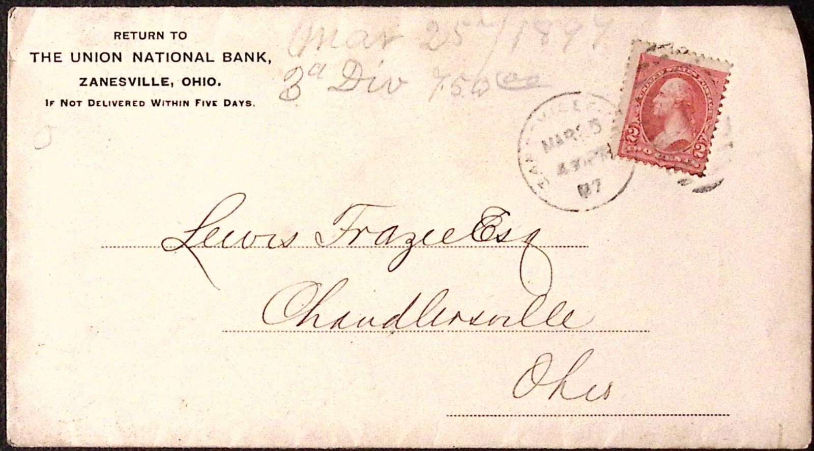 1897 The Union National Bank Zanesville OH Advertising Postal Cover