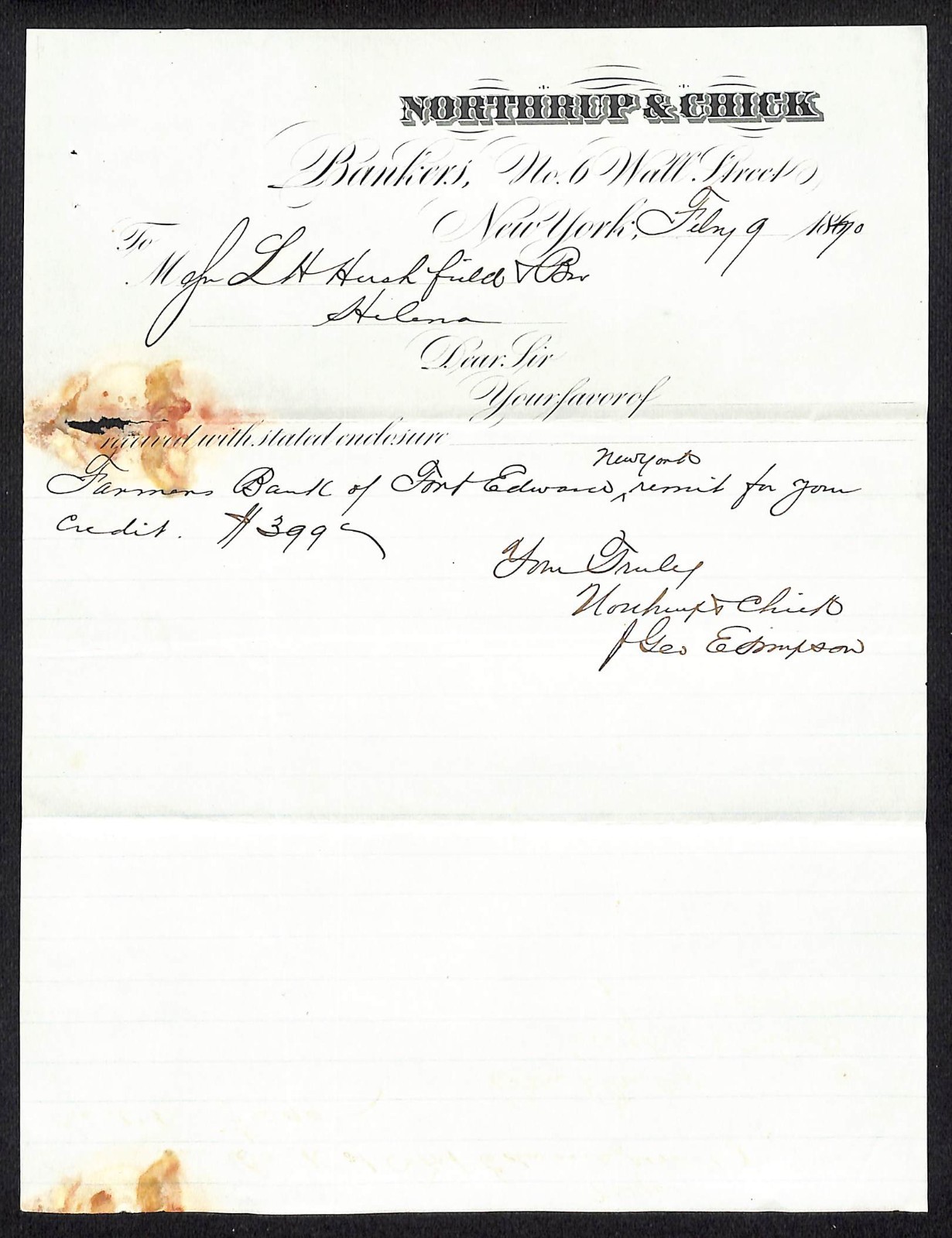 Northrup & Chick 6 Wall Street NYC 1870 Payment Receipt L.H. Hershfield* (#2)