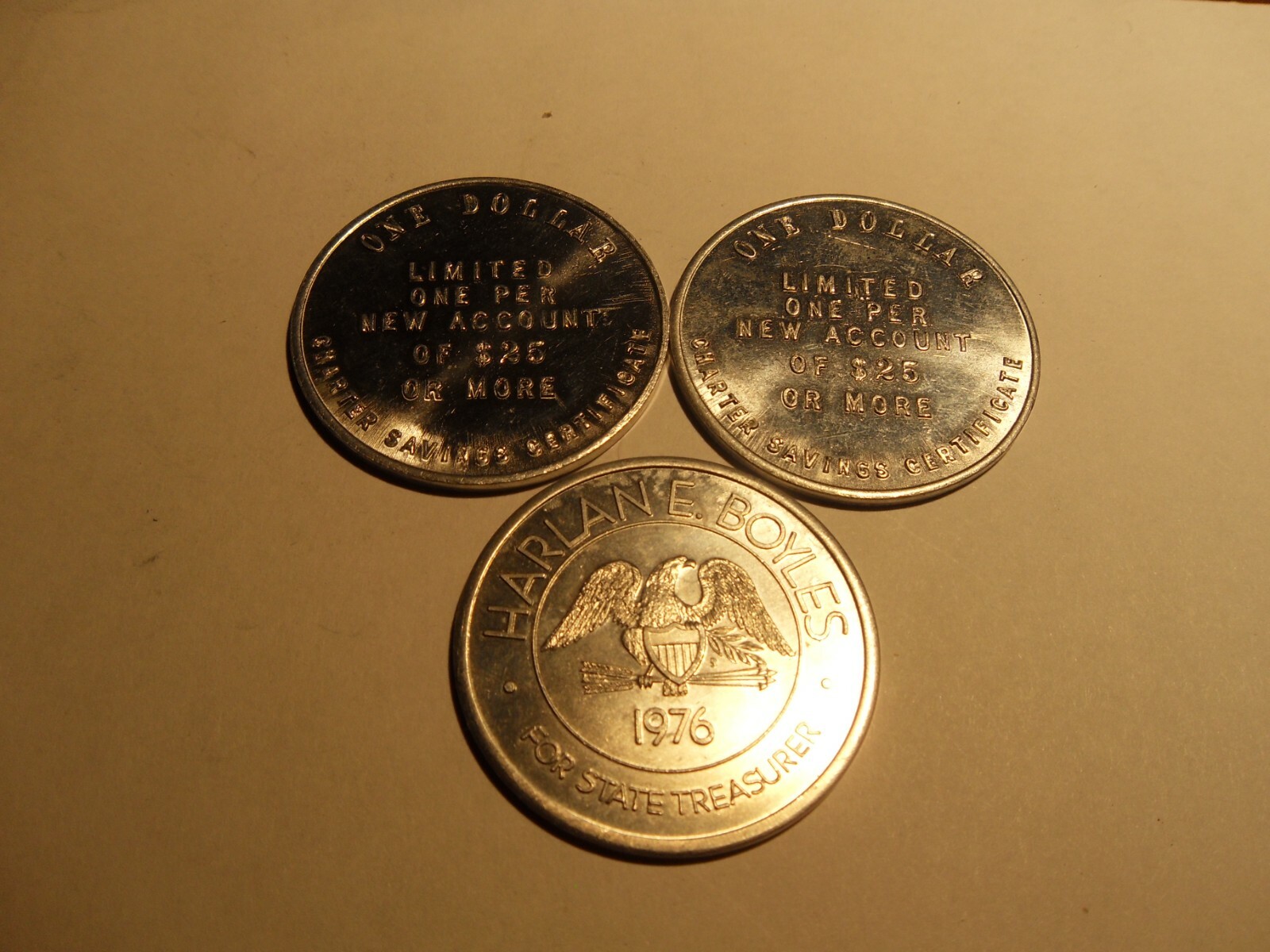 3 ALUMINUM CAPE FEAR BANK DOLLAR 1969 COIN Grand Opening & HARLAND BOYLES COIN