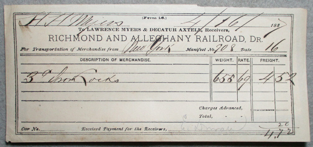 1887 Richmond & Alleghany Railroad Freight Receipt signed by Va. 7th Cavalry man