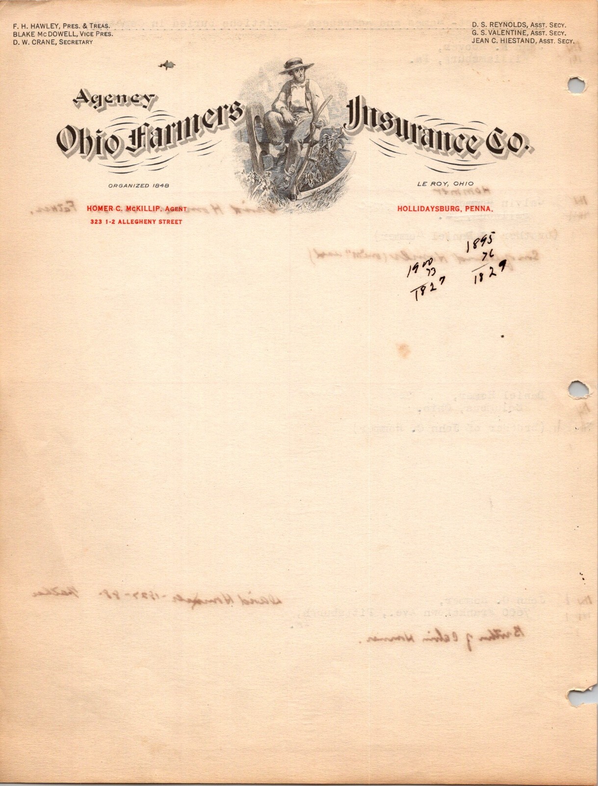 Ohio Farmers Insurance Co Letterhead With Mailing List & Relatives in Cemetery