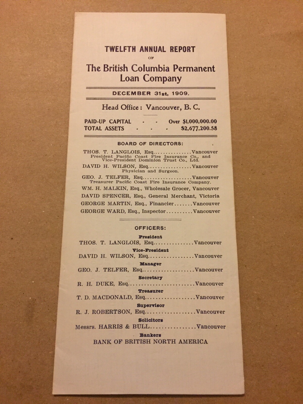 1909, 12th Annual Report B.C. Permanant Loan Vintage Vancouver Canada Paper E79
