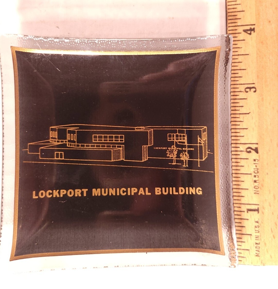 VNTG 1974 Bent Curved Black Glass Trinket Tray Lockport NY Municipal Building
