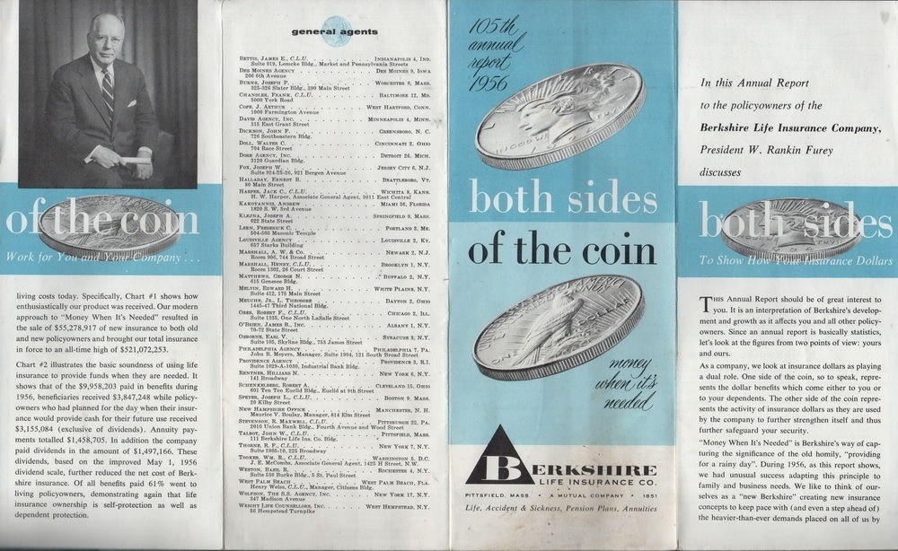 105th Annual Report 1956, Berkshire Life Insurance Co., Brochure
