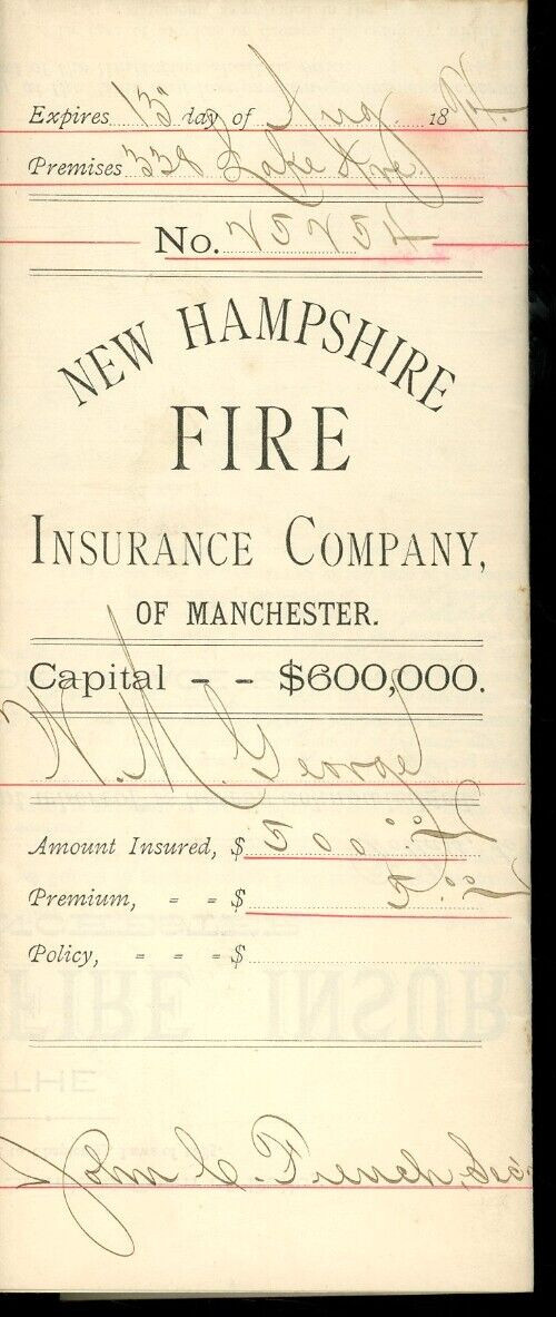 1889 New Hampshire Fire Insurance Company of Manchester Policy