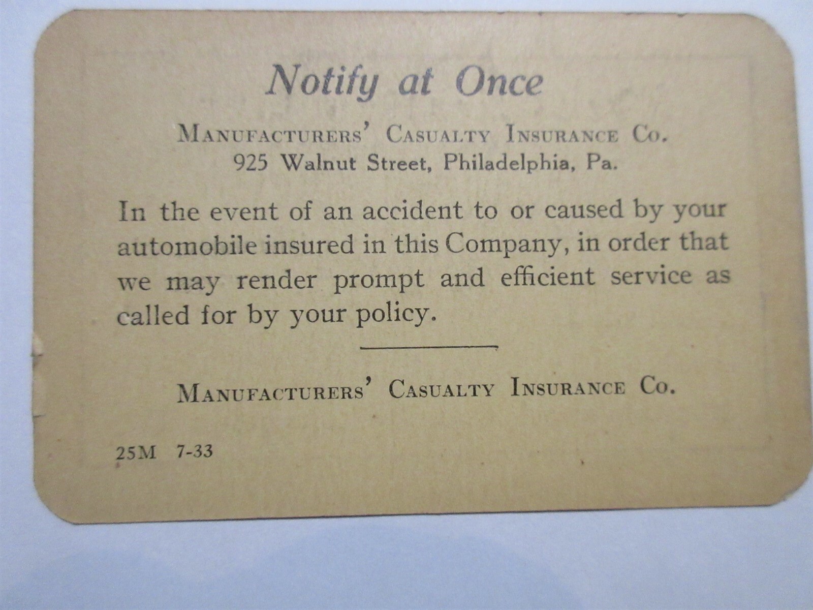 Manufacturers Casualty Insurance Co. Identification Card Nov 16, 1934 New Jersey