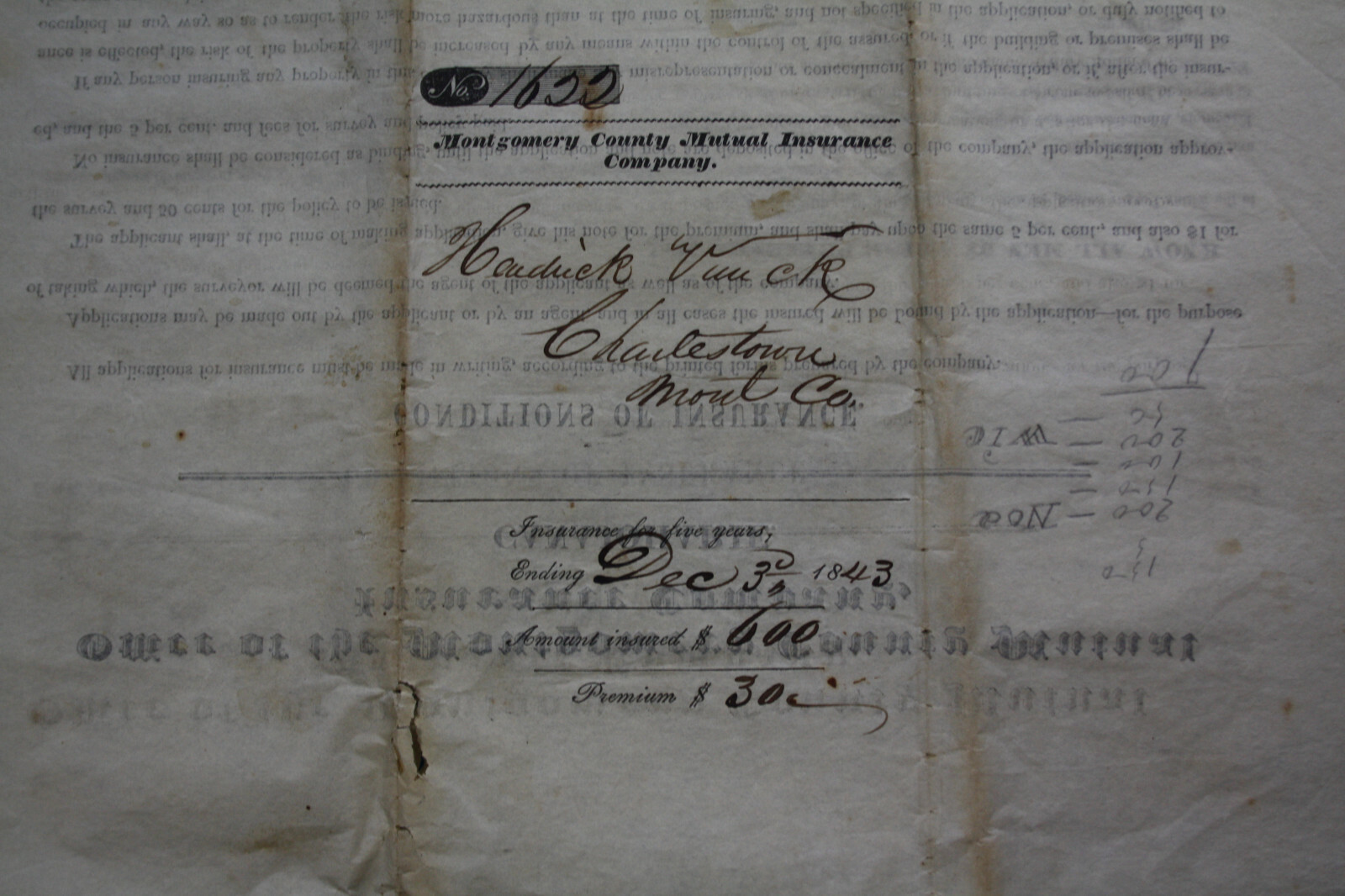 1838 MONTGOMERY COUNTY NY Charlestown VUNCK MUTUAL INSURANCE POLICY REV WAR